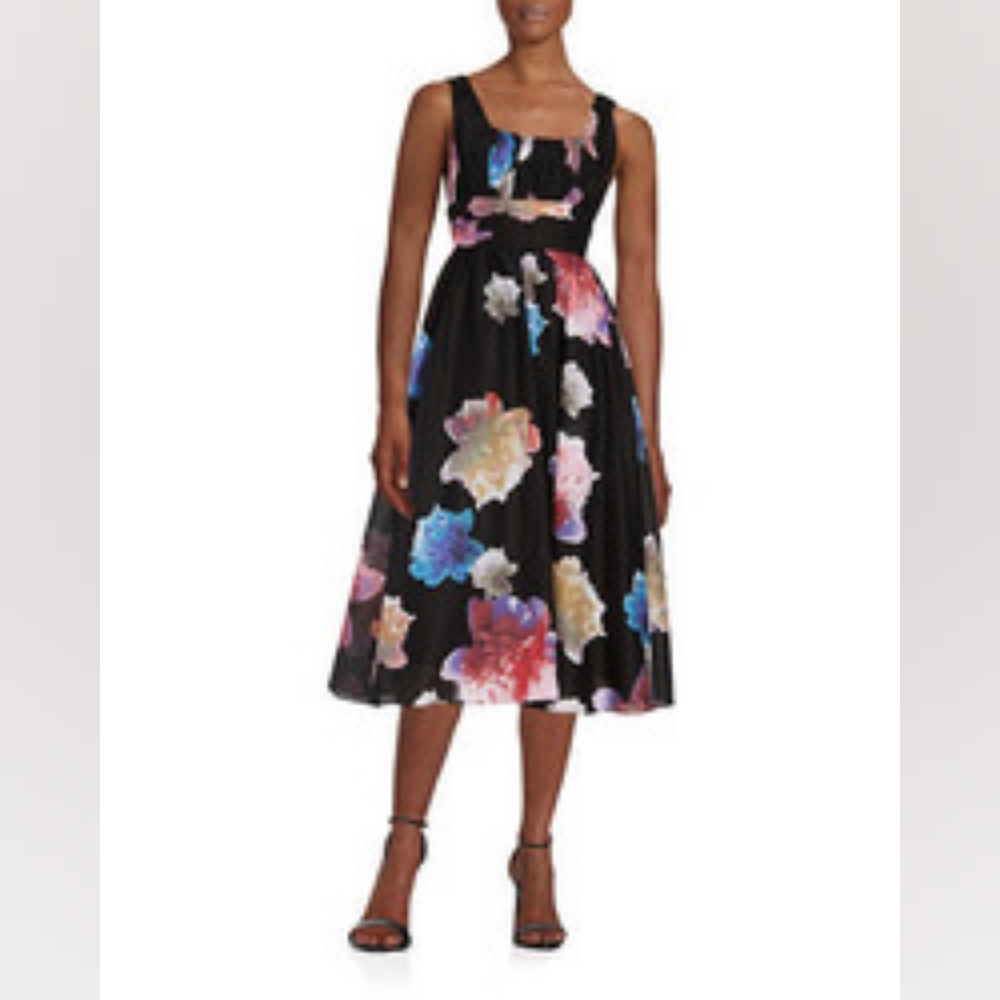 🌸💠 Calvin Klein Floral Midi Dress | Size 6 | Black Pink Blue Cream Multi | EUC
